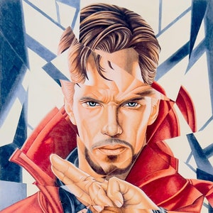 May include: A digital painting of Doctor Strange, a superhero from Marvel Comics, with a red and blue costume. His face is serious and his hands are in a fighting pose. The background is a broken glass effect.