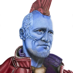 May include: Detailed portrait of a blue-skinned character with red eyes and a distinctive fin-like headpiece. The artwork features a red jacket and a stern expression, showcasing intricate shading and detail.