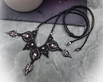Macrame necklace with skulls and bat claws, Halloween necklace