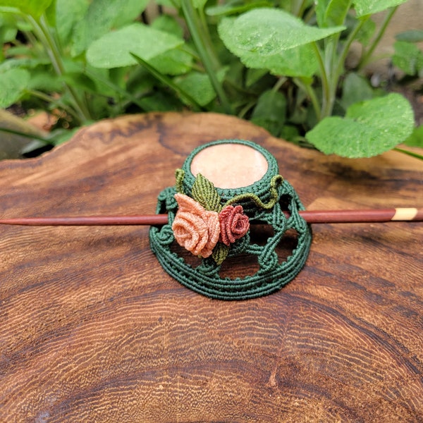 Makramee Haarspange "Little Rose" mit rosa Amazonit und Holzstab, Dutt-Käfig, Bun Cage