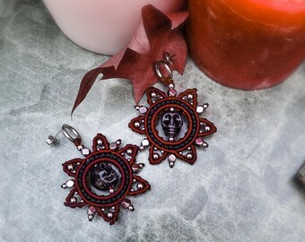 Macrame earrings "black skull" with skull bead