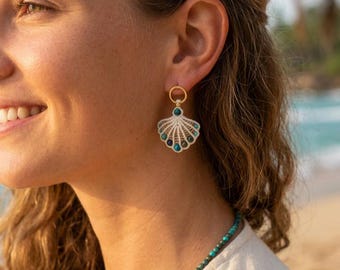 Macramé shell earrings with chrysocolla and turquoise beads
