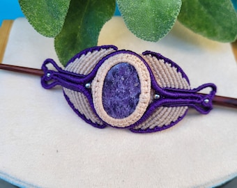macrame hair barrette with Lepidolite and wooden hairstick