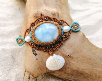 Macrame bracelet with larimar, freshwater pearls and sea shell