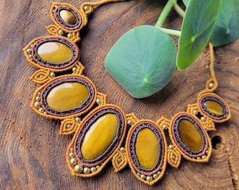 Macrame Necklace with tiger's eye, statement choker