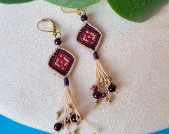 Macrame tassel earrings with garnet and brass beads