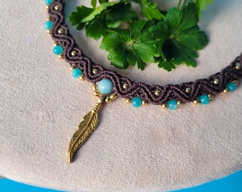Macrame necklace with brass feather and amazonite beads, choker or collar