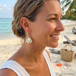 May include: A dangle earring featuring a white seashell accented with small turquoise and gold-toned beads. The shell is suspended from a thin gold-toned metal hook. The design incorporates a delicate arrangement of beads along the top edge of the shell.