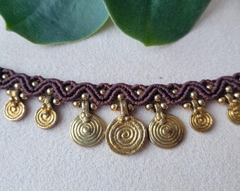 Macrame necklace with brass pendants, choker or collar