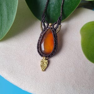 Macrame Necklace with Carnelian and brass owl