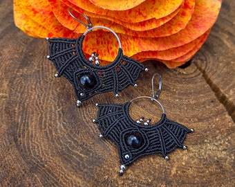 Macramé earrings featuring bats and obsidian