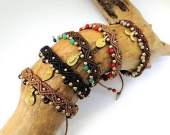 Macrame bracelet with gemstone beads and brass pendants