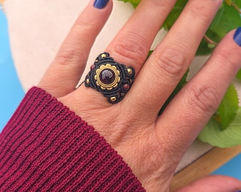 Macramé ring with tourmaline and garnet beads