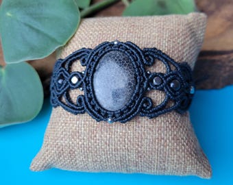 Macrame bracelet with fossilised coral and silversheen obsidian