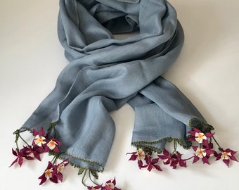 Foulard brodé en soie de coton gris, foulard léger, foulard fait à la main, enveloppement de printemps, châle turc Oya, foulard Infinity pour femme