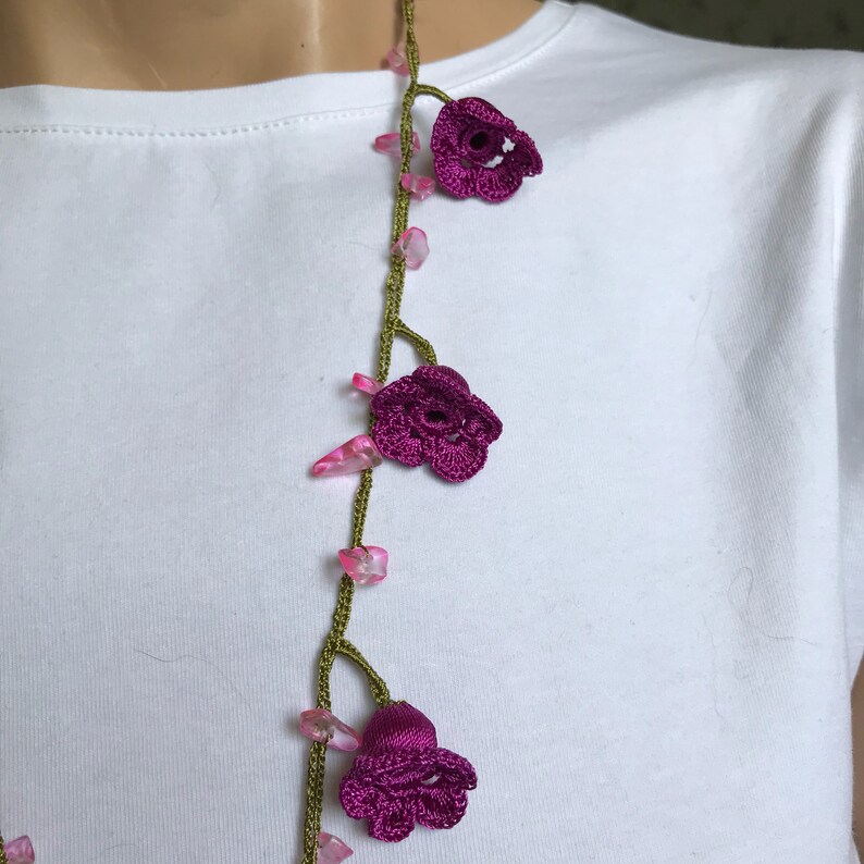 purple boho seed bead bracelet anatolian washable jewelry, short crochet necklace vintage style crochet lariat beaded crochet hair piece