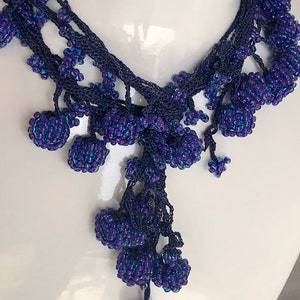 Beaded Crochet Necklace, Boho Lariat, handmade, Blue Purple pattern, Chiristmas gift, For woman Collar,