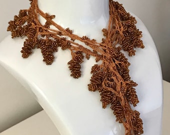 Beaded Crochet Necklace, Brown Seed Bead, Boho Choker