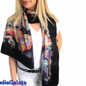 Ethnic Paisley Pattern Satin Felt Shawl Edges, Gift for Valentine, Fashion Unique Satin Wrap, wool Felt, Christmas Gift for Woman.