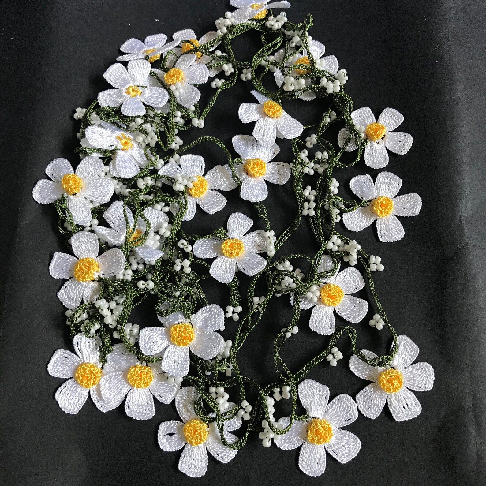 White Daisy Flower Crochet Necklace, Turkish Belt, Summer Pendant ...