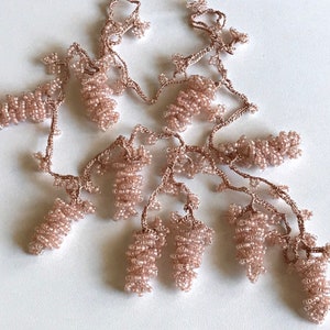 Beige Short Beaded Necklace, Beaded Crochet Hair Piece, Pink Beige Boho Seed Bead Bracelet, Vintage Style Crochet Lariat, Handmade Gift