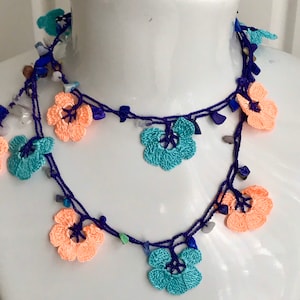 Turquoise  Short Crochet Necklace, Beaded Crochet Hair Piece, Samon Boho Seed Bead Bracelet, Vintage Style Crochet Lariat, Handmade Gift
