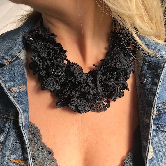 Black Crochet Choker Necklace, Turkish Handmade Lace Collar