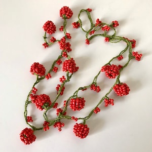 Red Crochet Pendant, Short Beaded Crochet Necklace, Boho Blackberies Bracelet, Vintage Christmas Gift, Anatolian Jewelry,