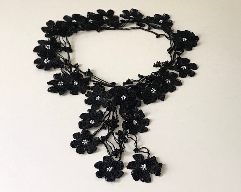 Long Crochet Necklace, Beaded Crochet Hair Piece, Black Boho Seed Bead Bracelet, Vintage Style