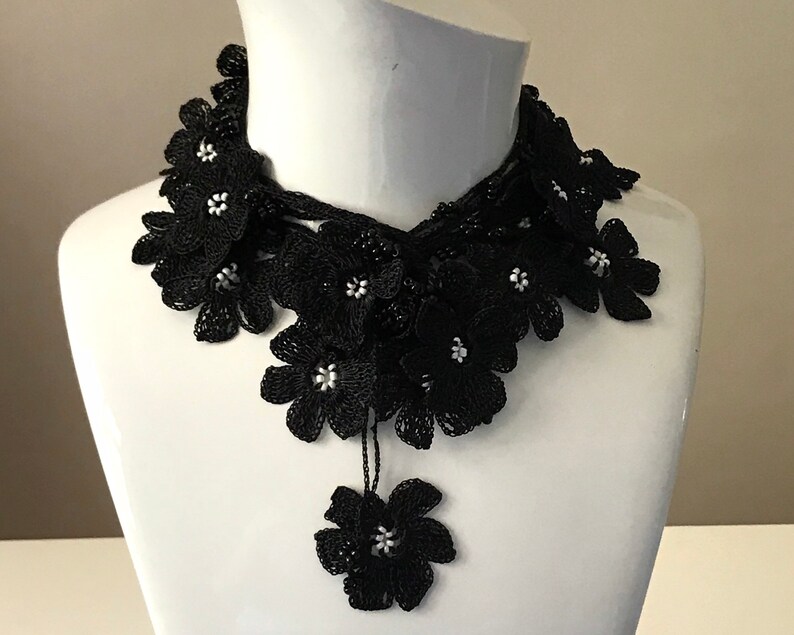 Long Crochet Necklace, Beaded Crochet Hair Piece, Black Boho Seed Bead Bracelet, Vintage Style