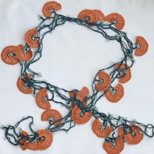 Bric Brown Crochet Necklace, Seed Bead Floral Lariat, Boho Accessory