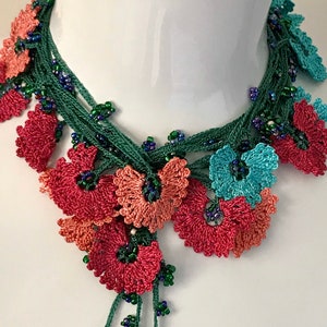 Long Crochet Necklace, Beaded Crochet Hair Piece, Tuquoise, Pink and Plum Boho Seed Bead Bracelet, Vintage Style Crochet Lariat,  Unique ,