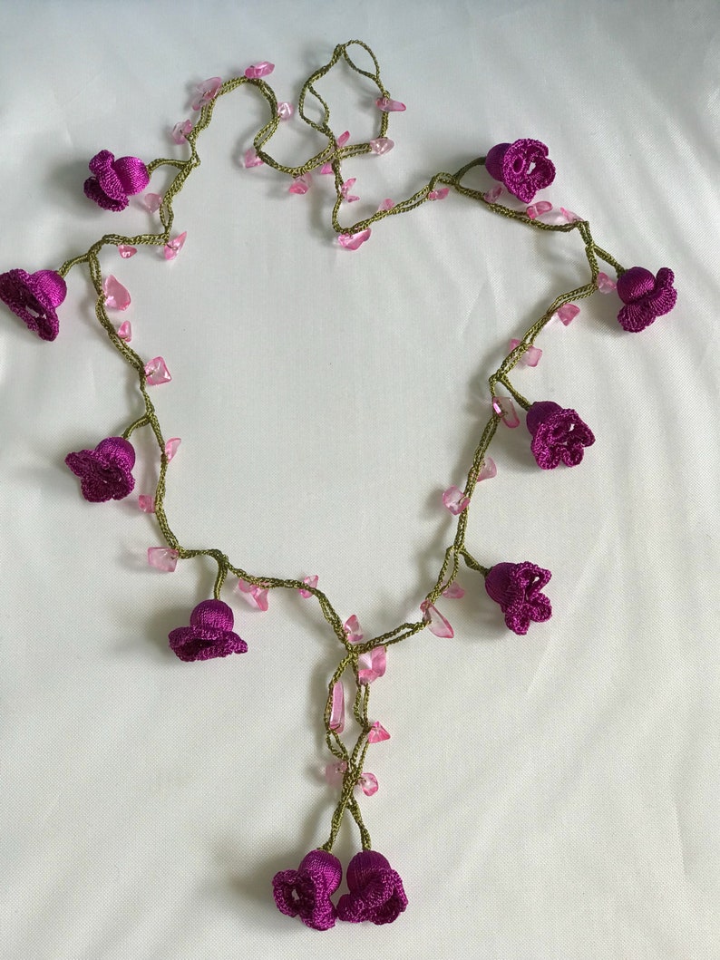 purple boho seed bead bracelet anatolian washable jewelry, short crochet necklace vintage style crochet lariat beaded crochet hair piece