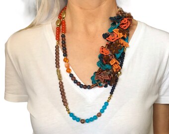 Spice Colors Rosary Necklace, Beaded Crochet Collar, Handmade Rosary Lariat, Unique Turkish Pendant, Orange and Turquoise Unique Lariat, ,