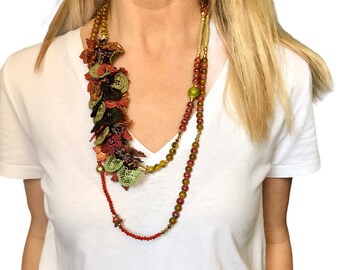 Handmade Crochet Rosary Necklace, Beaded Floral Choker, Boho Turkish Oya