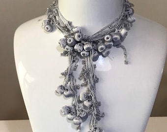 Gray Beaded Crochet Lariat Necklace, Boho Hair Piece, Versatile Wrap