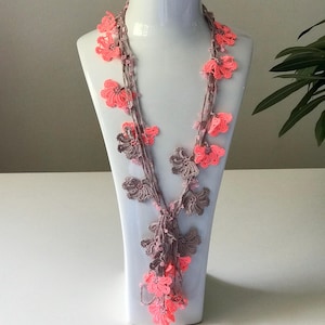 Neon Pink Long Crochet Necklace, Beaded Crochet Hair Piece, Boho Seed Bead Belt, Vintage Style Crochet Lariat,  Anthra mothers day gift,