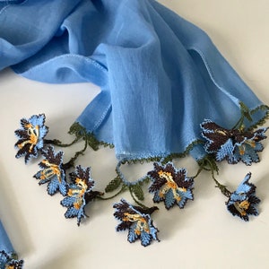 Blue Spring Wrap, Cotton Crochet Scarf, Lightweight Scarf, Handmade Scarf, Needle Crochet Shawl, Infinity Scarf for Girl, Christmas Gift.