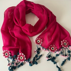 Cotton Crochet Scarf, Lightweight Scarf, Handmade Scarf, Bright Pink Spring Wrap, Crochet Cotton Shawl, Infinity wrap with flower pattern,