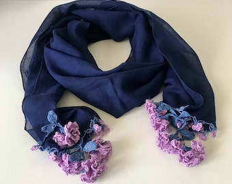 Dark Blue Spring Wrap, Cotton Carnation Crochet Scarf, Lightweight Scarf, Handmade Scarf, Crochet Cotton Shawl, Infinity Scarf for Girl,