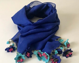 Cotton Crochet Scarf, Lightweight Scarf, Handmade Scarf,  Blue Spring Wrap, Crochet Cotton Shawl, Infinity Scarf for woman,