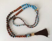 Blue Beaded Tassel Necklace, Unique Wood Bead Necklace, Brown Handmade Necklace, Unique Mother 39 s Day Gift, Turkish Beaded Pendant, Handmade,