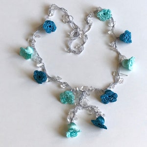 Short Crochet Necklace, pendant necklace, turquoise pendant, crochet lariat, summer necklace, long crochet belt, blue head piece,