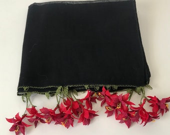 Cotton With Red Silk Flower Crochet Scarf, Lightweight Scarf, Handmade Scarf, Black Spring Wrap, Needle Lace Cotton Shawl, Infinity Scarf,