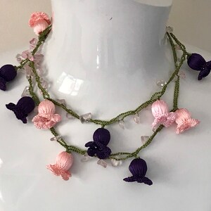 Pink  Crochet Necklace, Beaded Crochet Hair Piece, Purple Boho Bead Bracelet, Vintage Style Crochet Lariat, Anatolian Washable Jewelry,