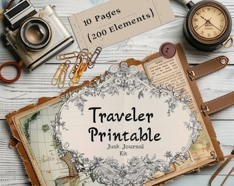 Traveler Printable Junk Journal Kit 10 Pages (200 Elements) Vintage Explorer Adventure Scrapbook Crafting Supplies Decor Set Embellishments