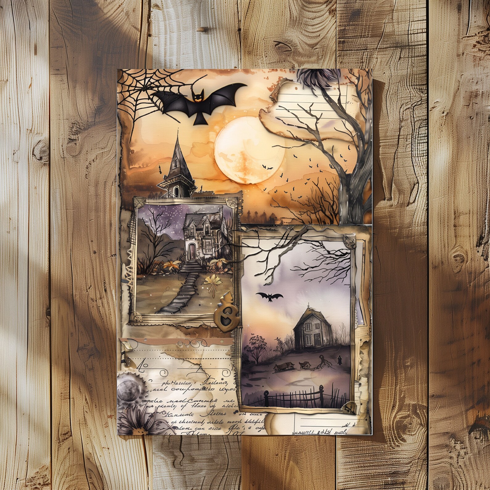 12 Vintage Halloween Gothic Junk Journal Pages With Spooky Bats Haunted ...