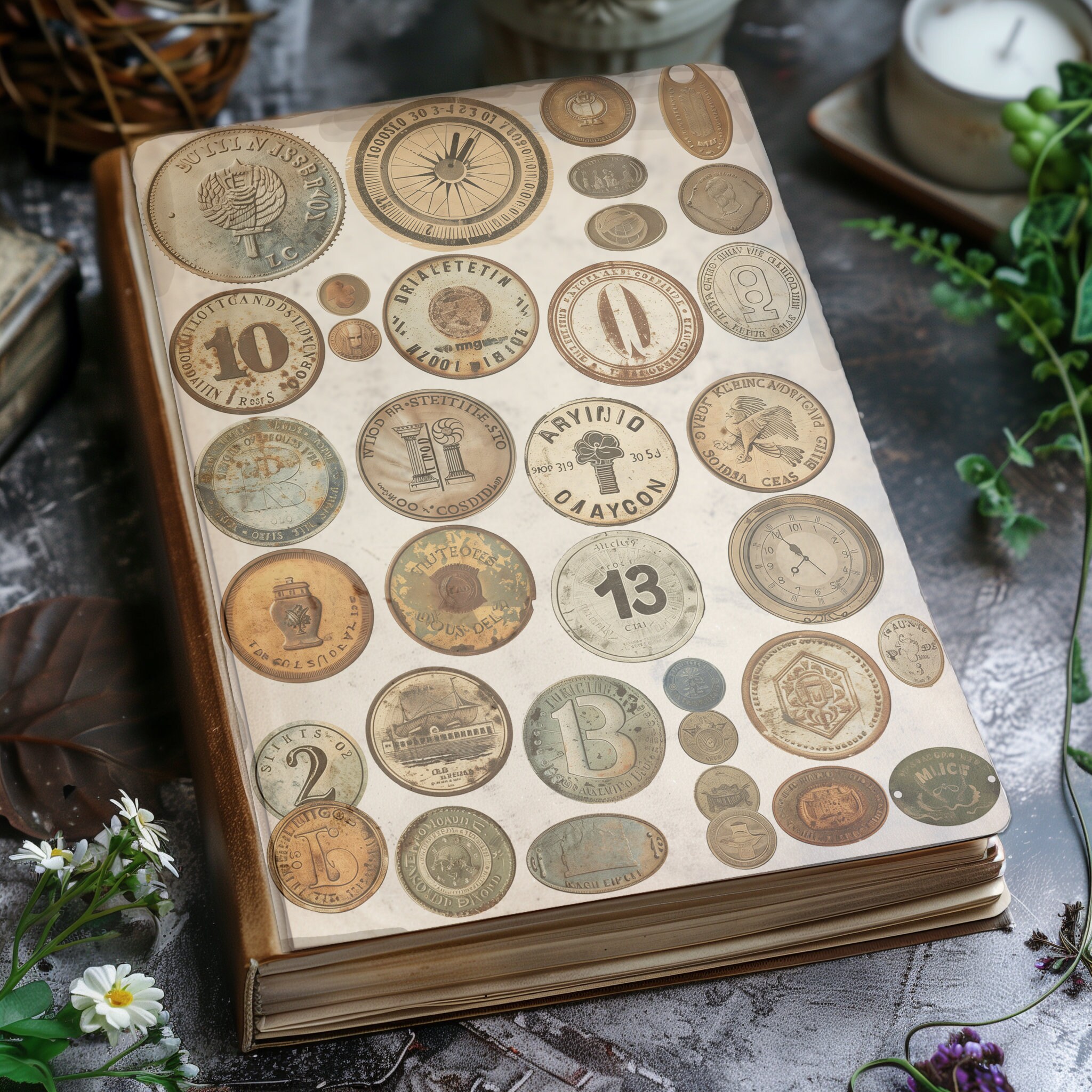 220 Vintage Round Stickers Antique Digital Ephemera Mixed Media ...