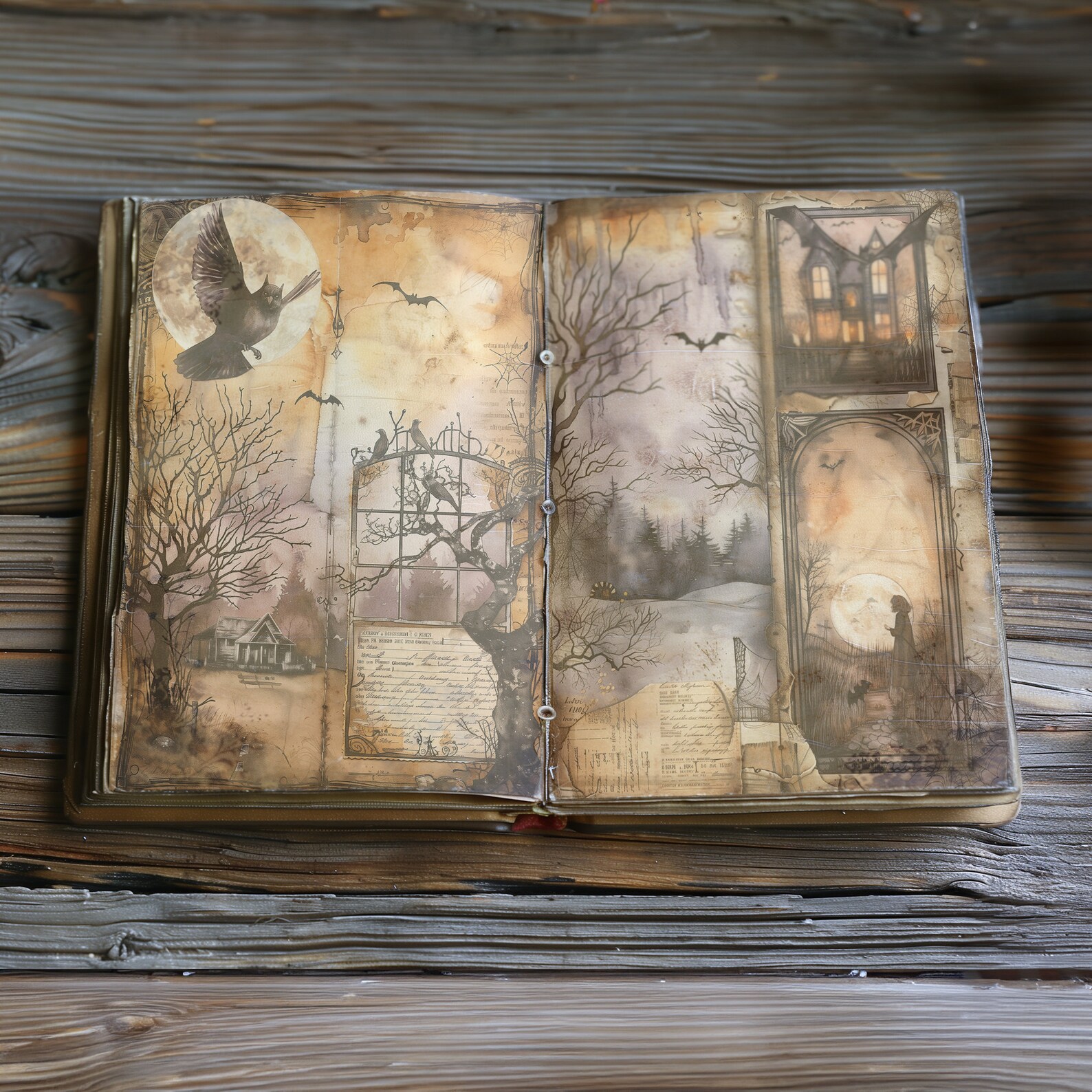 12 Vintage Halloween Gothic Junk Journal Pages With Spooky Bats Haunted ...