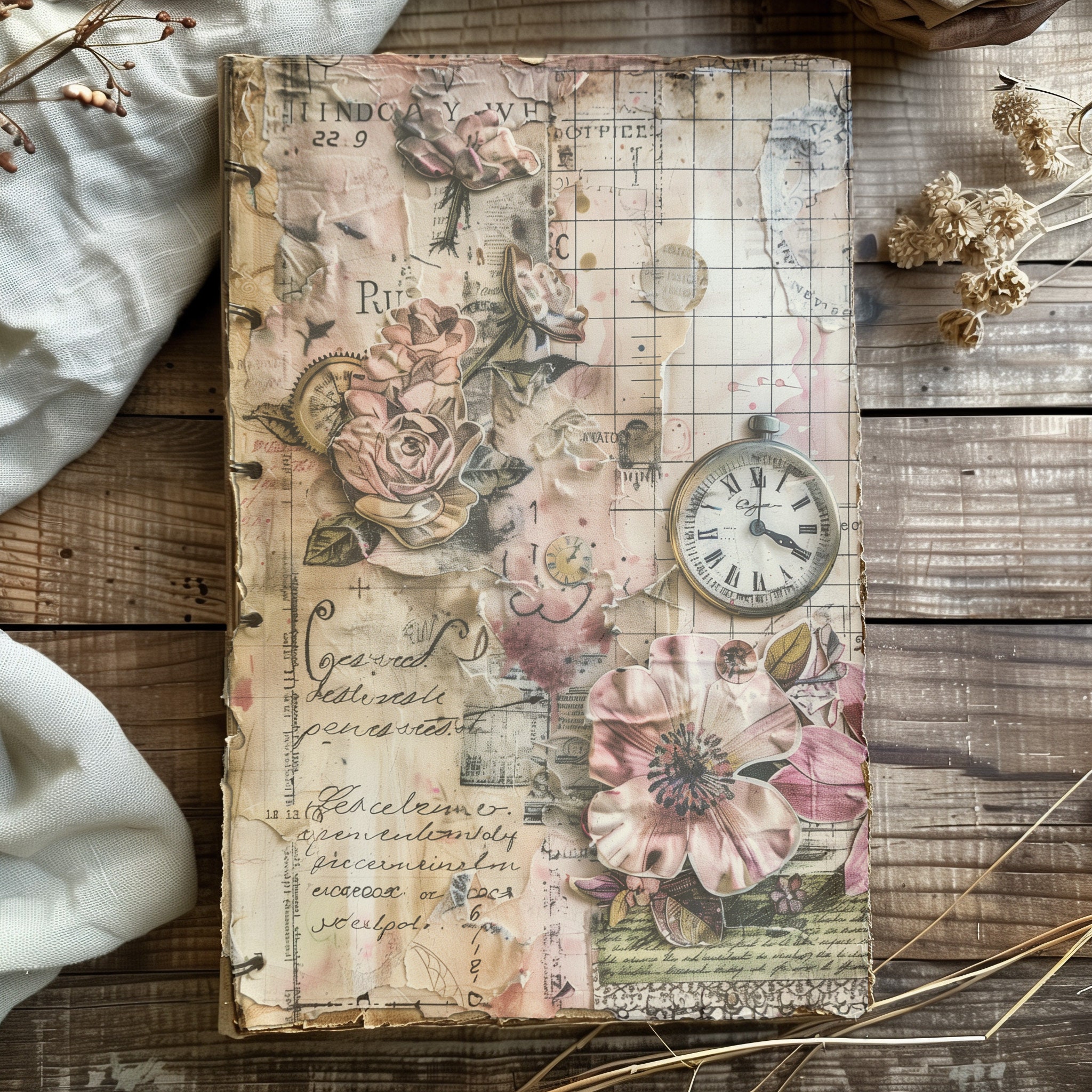 4 Vintage Floral Junk Journal Pages Digital Kit Scrapbook Printable ...